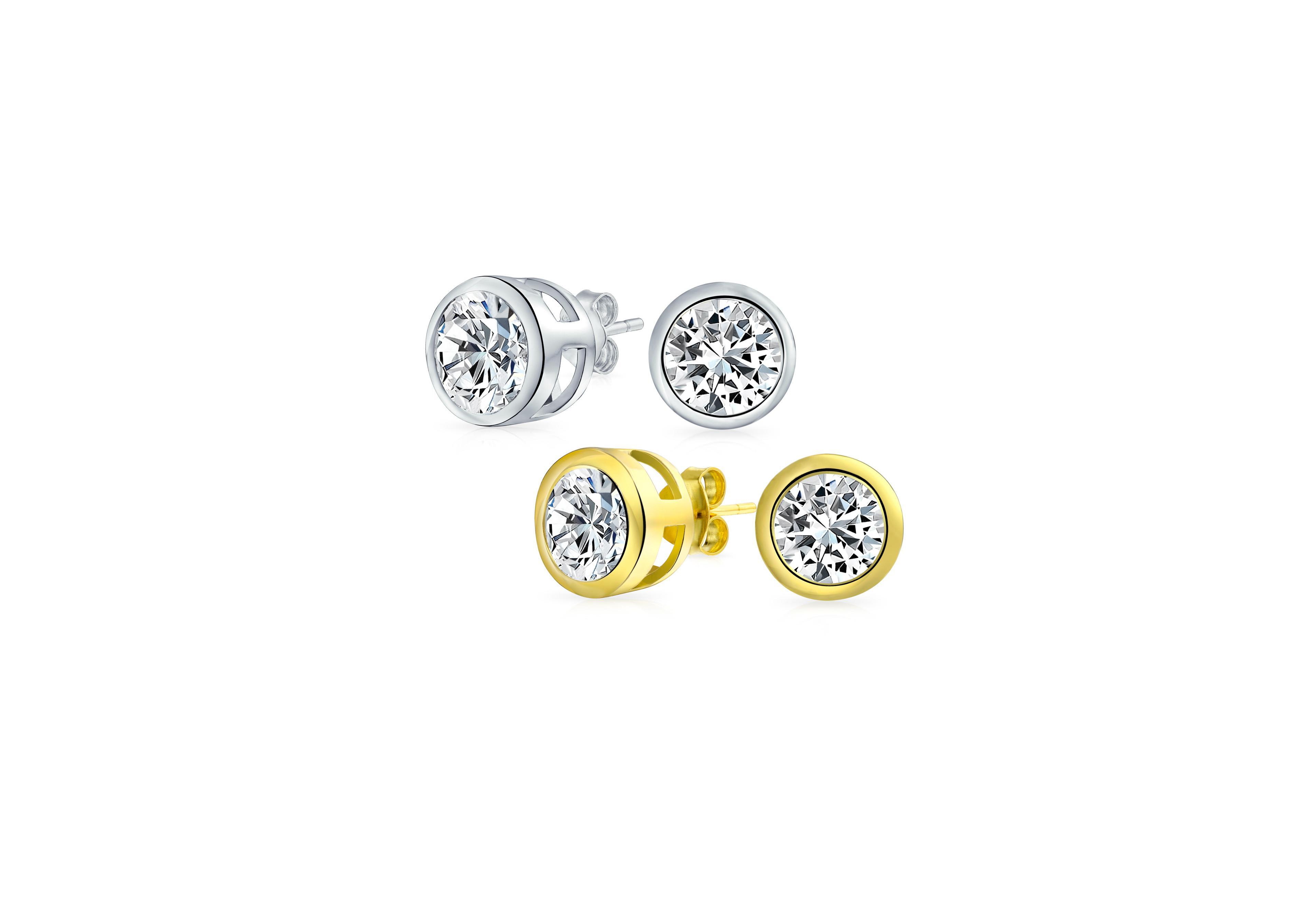 Bling Jewelry Set of 2 Simple Martini Bezel Set Cz Stud Earrings Gold Plated Sterling Silver
