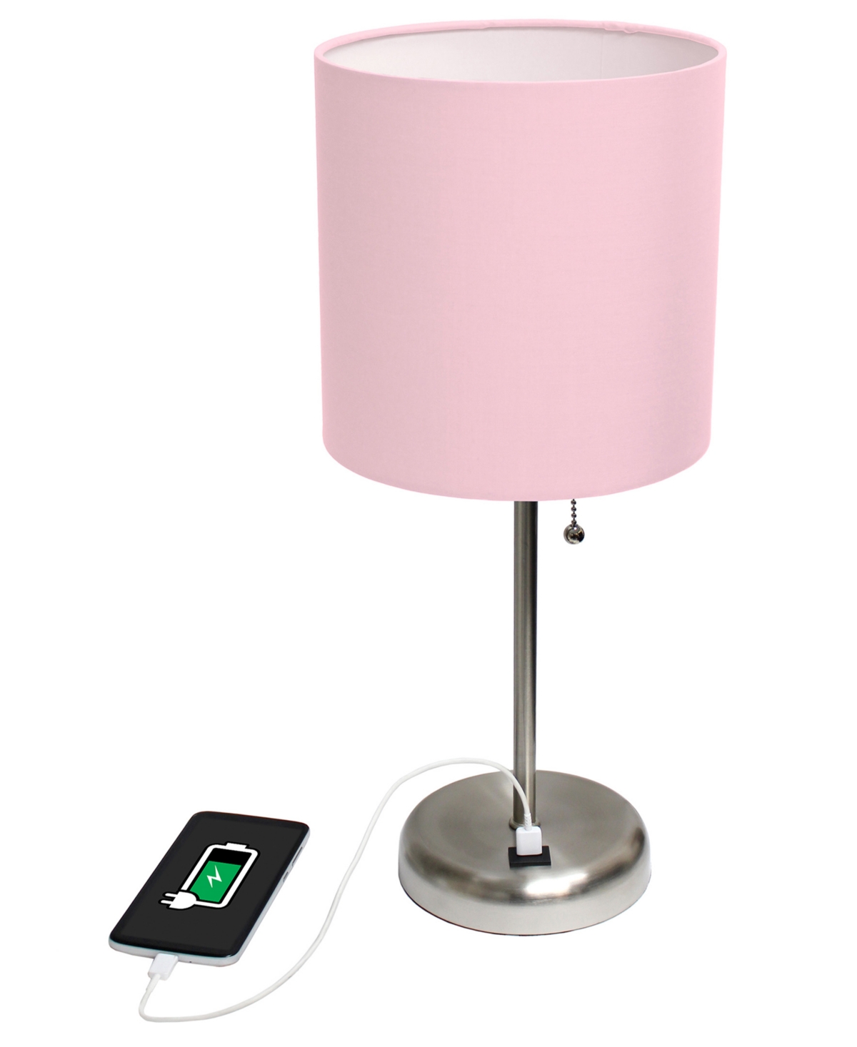 Creekwood Home 19.5" Metal Oslo Contemporary Bedside Duo Table Lamp Set In Brushed Steel,light Pink Shade