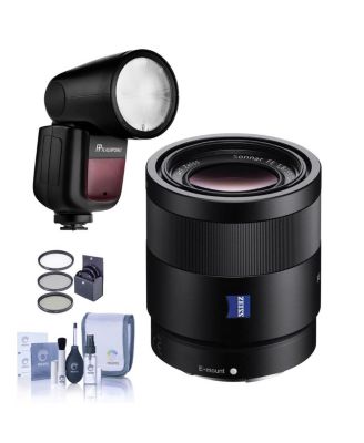 Sonnar T FE 55mm f/1.8 ZA Lens for Sony E, Bundle with Flashpoint Zoom Li-on X R2 TTL Flash, 49mm Filter Kit, Cleaning Kit