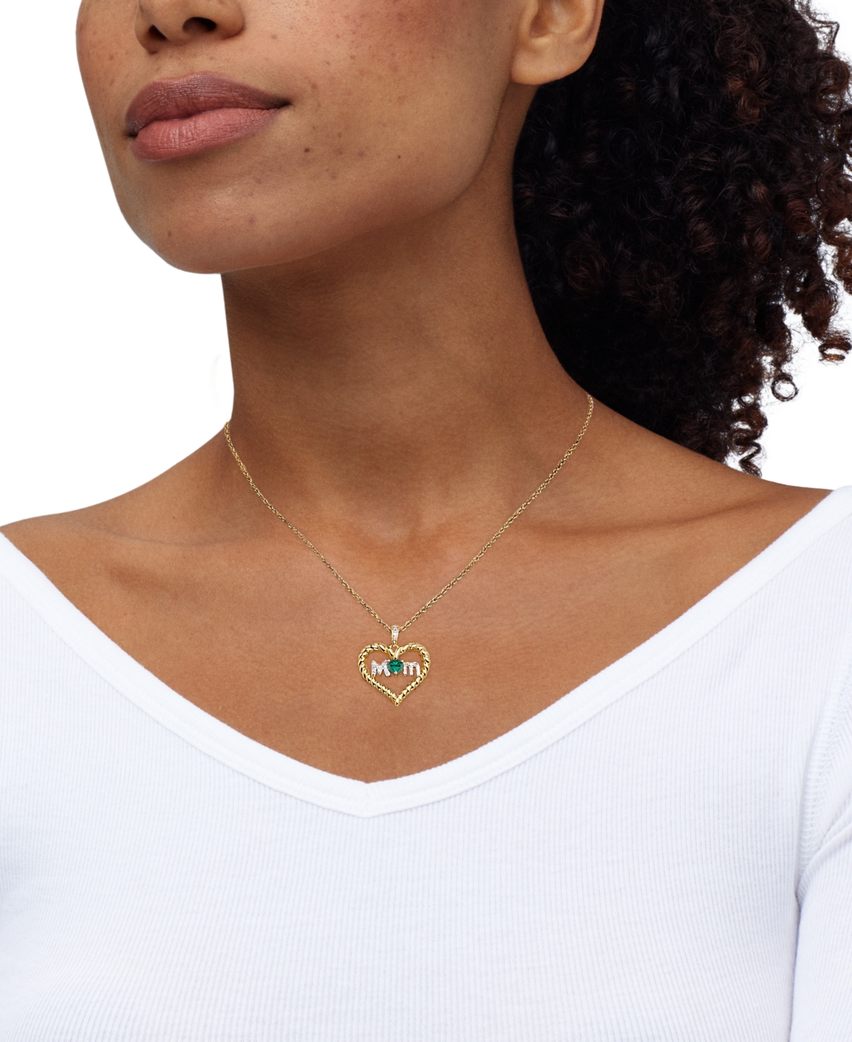 Macy's Lab-created Emerald (1/5 Ct. T.w.) & Diamond Accent Mom Heart Pendant Necklace In 14k Gold-plated St