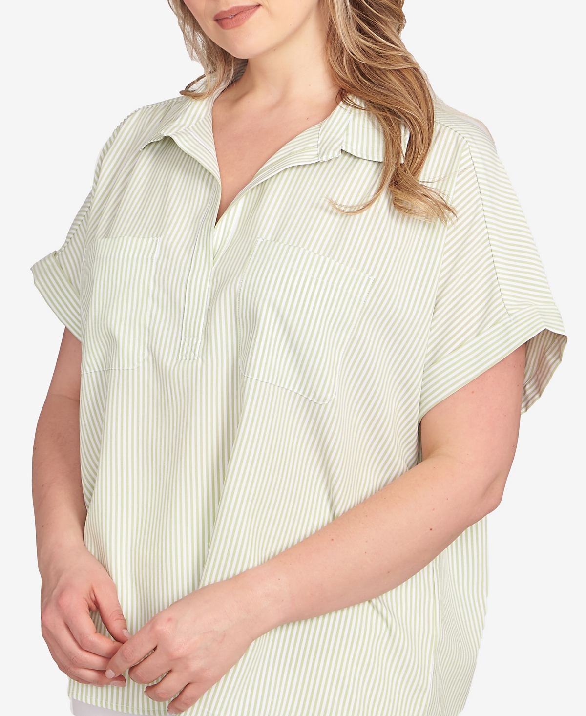 Hearts Of Palm Plus Size Stripe Pull Over Top In Bright Green Multi