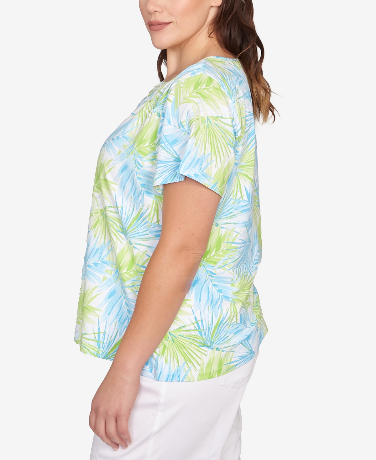 Hearts Of Palm Plus Size Short Sleeve Leaf Print Top In Bright Green Multi