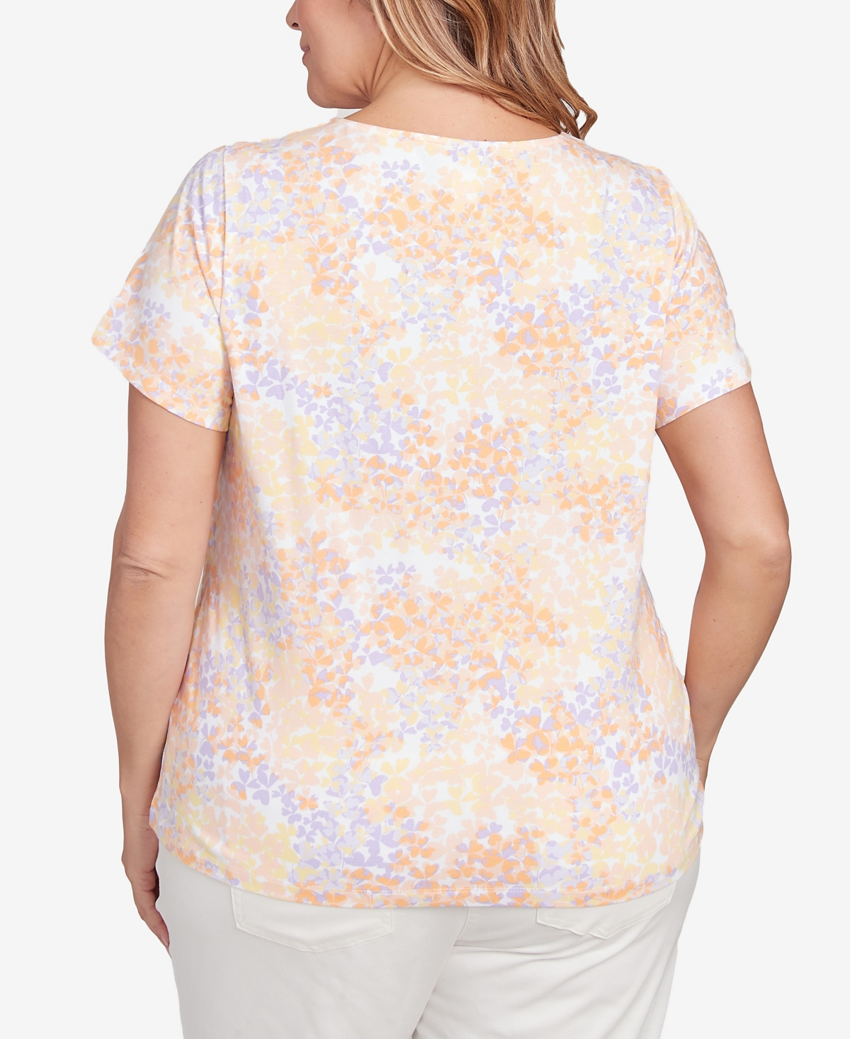 Hearts Of Palm Plus Size Short Sleeve Strappy Top In Light Peach Multi