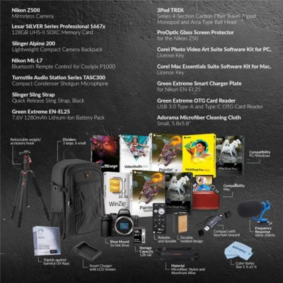 Z50II Mirrorless Camera, Bundle with Tripod/Monopod, TASC300 Microphone, 128GB Memory Card, EN-EL25 Battery