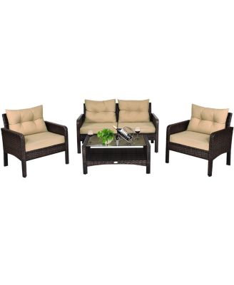 4PCS Patio Rattan Furniture Set Loveseat Sofa Coffee Table Garden W/ Cushion