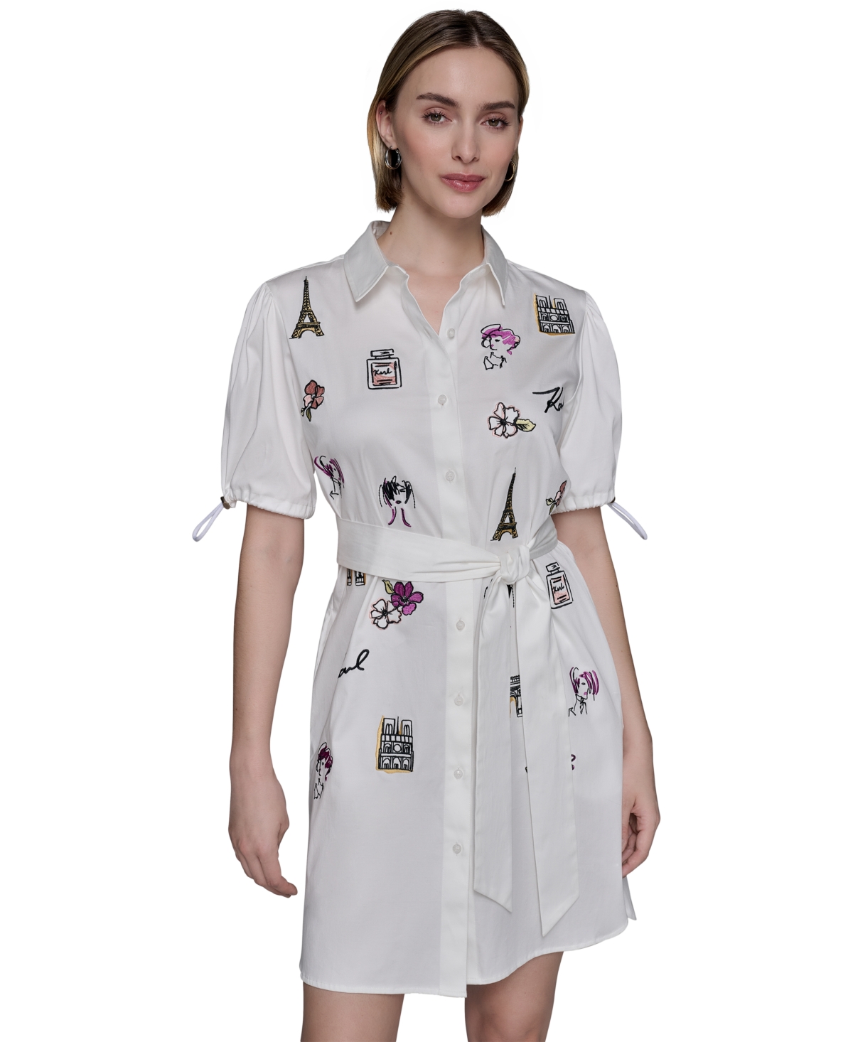 Karl Lagerfeld Womens Embroidered Cotton Shirtdress Xs P Xl In Gray