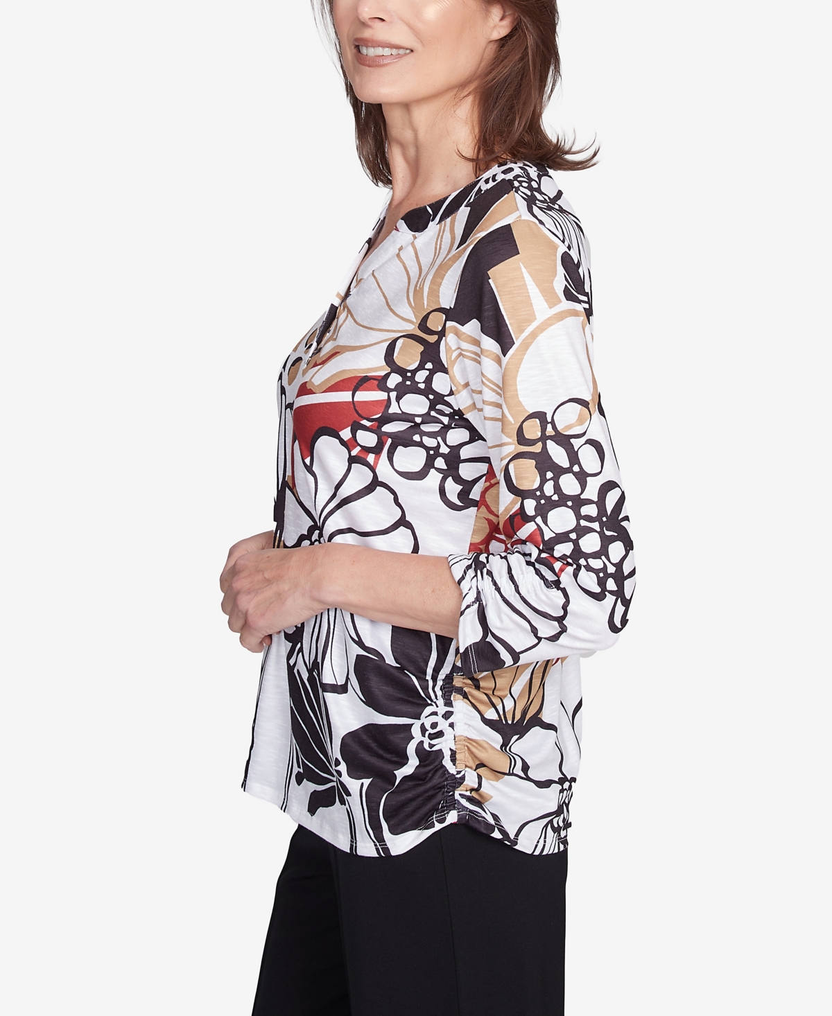 Alfred Dunner Petite Bold Floral Illustrated Henley Top In Neutral Multi