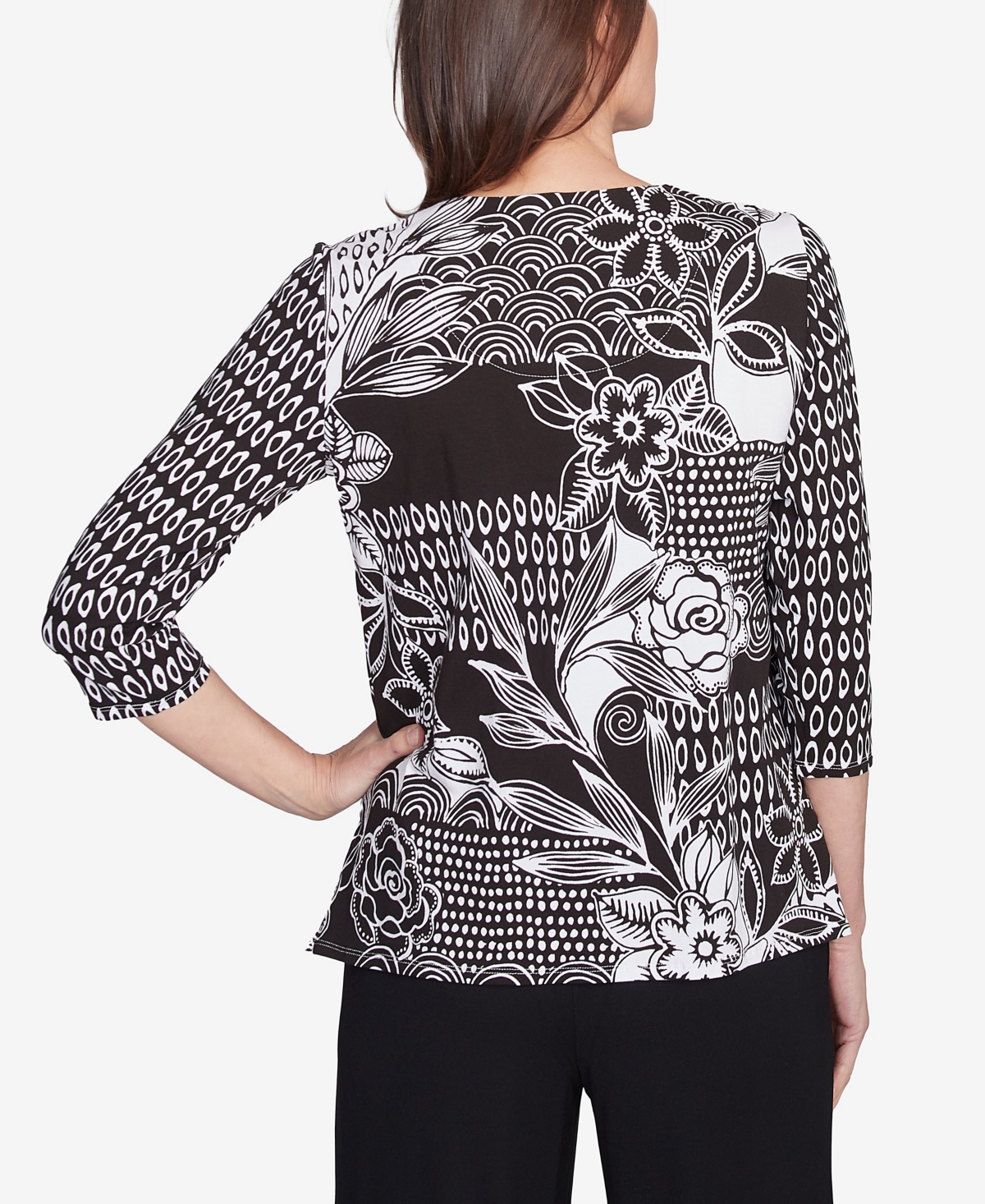 Alfred Dunner Plus Size Natural Instinct Monotone Patch Beaded Split Neck Top In Black