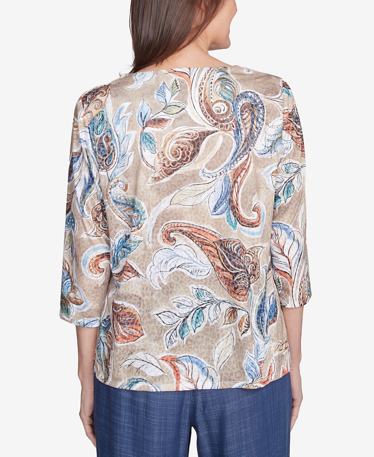 Alfred Dunner Petite Twisted Crew Neck Paisley Top In Neutral