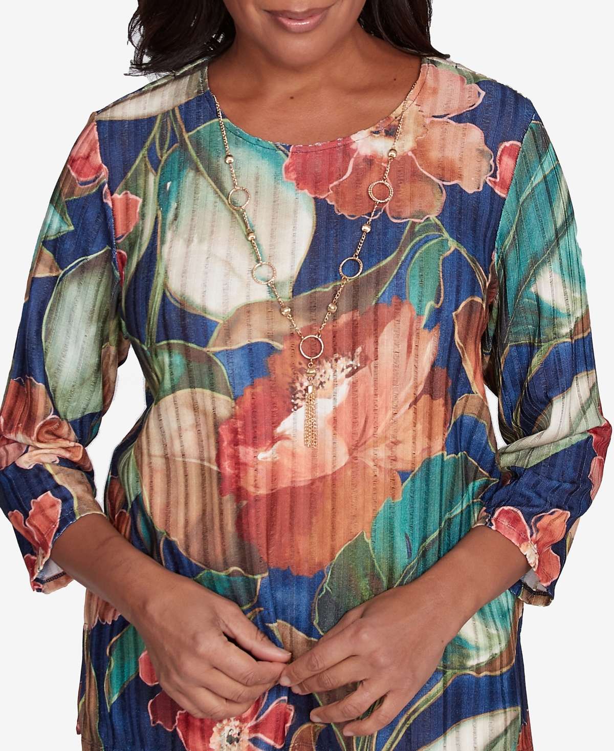 Alfred Dunner Plus Size Summer Solstice Dramatic Summer Floral Top With Necklace In Navy Multi