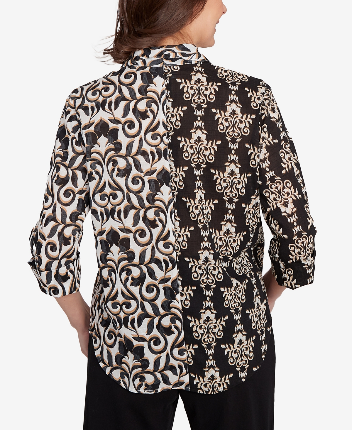 Alfred Dunner Petite Medallion Twin Print Button Front Top In Black Multi