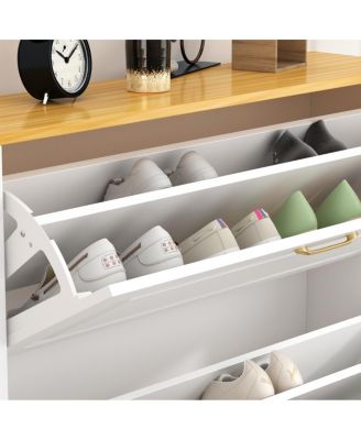 Wooden three-door natural shoe cabinet, multi-purpose shoe rack with adjustable shelves,cabinet foot,white