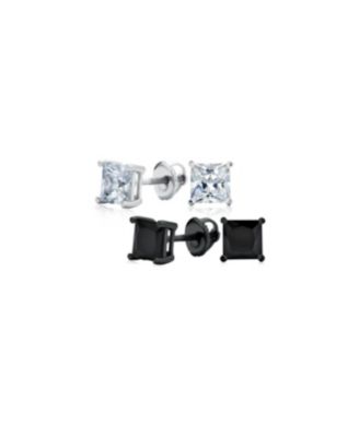 Classic Set of 2 Multi Color Square CZ Cubic Zirconia Stud Earrings Silver Black Plated Screwback Posts 5MM