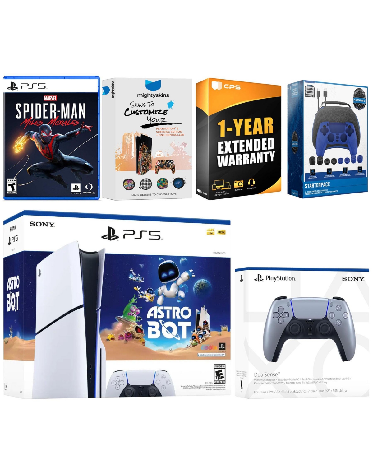 Sony PlayStation 5 Slim Disc Astro Bot, Spider-Man Miles Morales Bundle with Extra Chroma Indigo Controller, Pro Gamer Starter Kit, MightySkins Code a