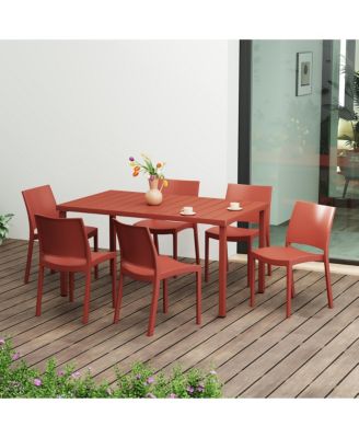 7-Piece Outdoor Rectangular Metal Patio Dining Table Set With Stackable Resin Patio Side Chairs