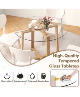 Round Glass Dining Table with Tempered Glass Tabletop and Rubber Wood Legs