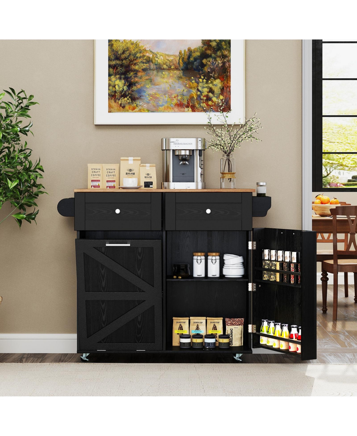 Rolling Kitchen Island with Trash Can Cabinet and Rubber Universal Wheels
