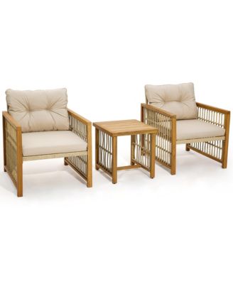 3PCS Patio Acacia Wood PE Wicker Furniture Set w/ Soft Seat & Back Cushions