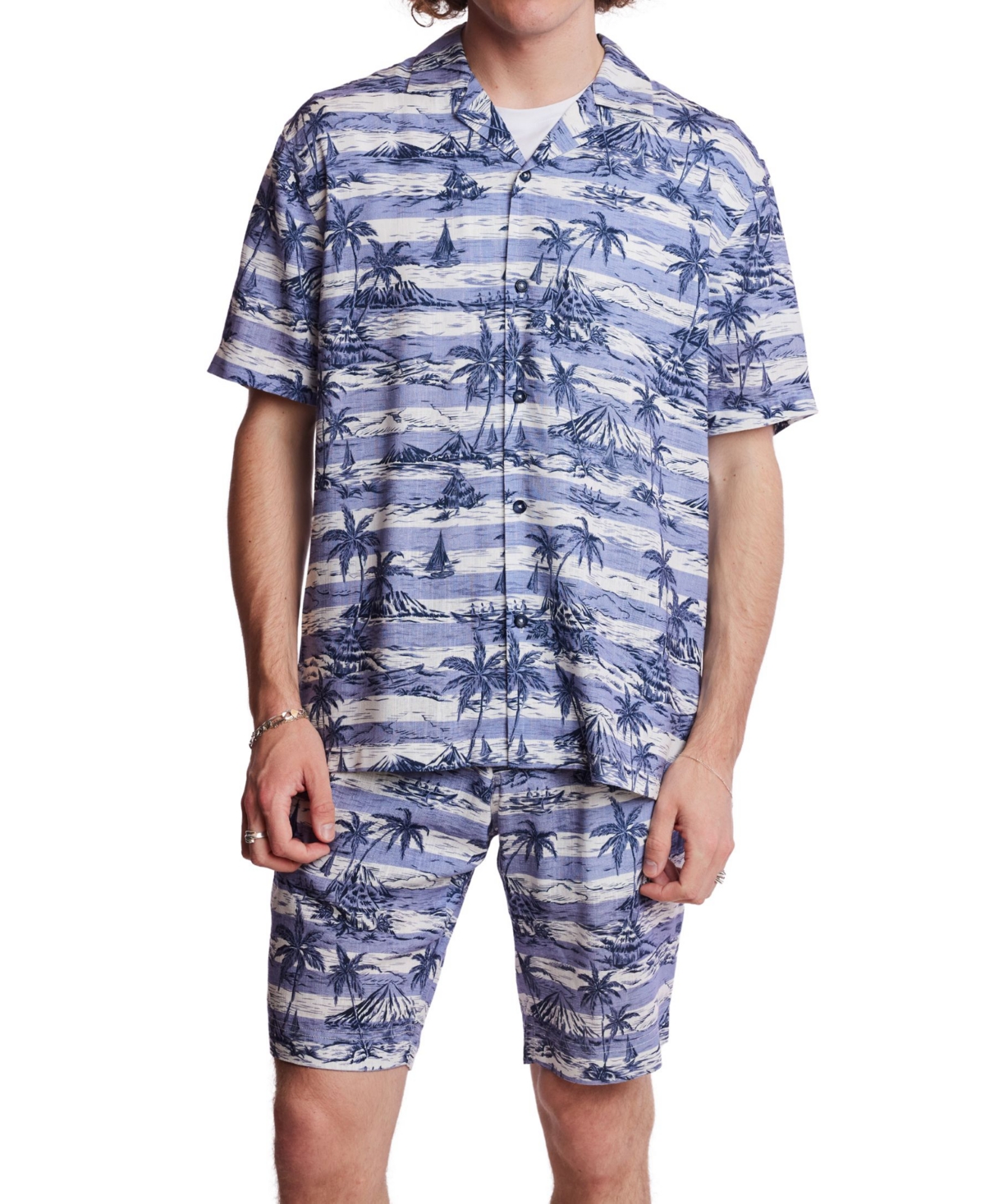 Men's Slim Fit Short Sleeve Printed Button Front Camp Shirt - Indigo Palms Stripe