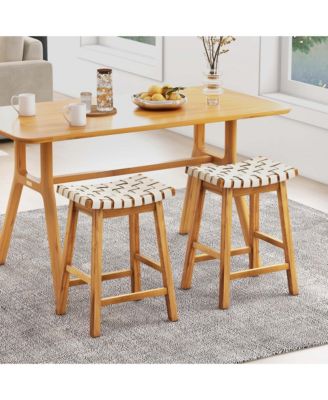 Woven Saddle Stools Set of 2 25.5'' Faux PU Leather Counter Height Kitchen Stool