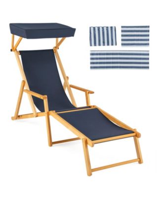 Birch Wood Chaise Lounge Chair Foldable Beach Chair with Adjustable Canopy