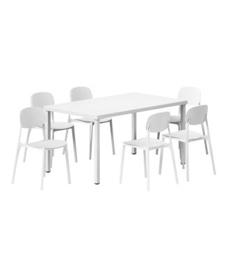 7-Piece Outdoor Rectangular Metal Patio Dining Table Set With Mid-Century Modern Stackable Patio Side Chairs