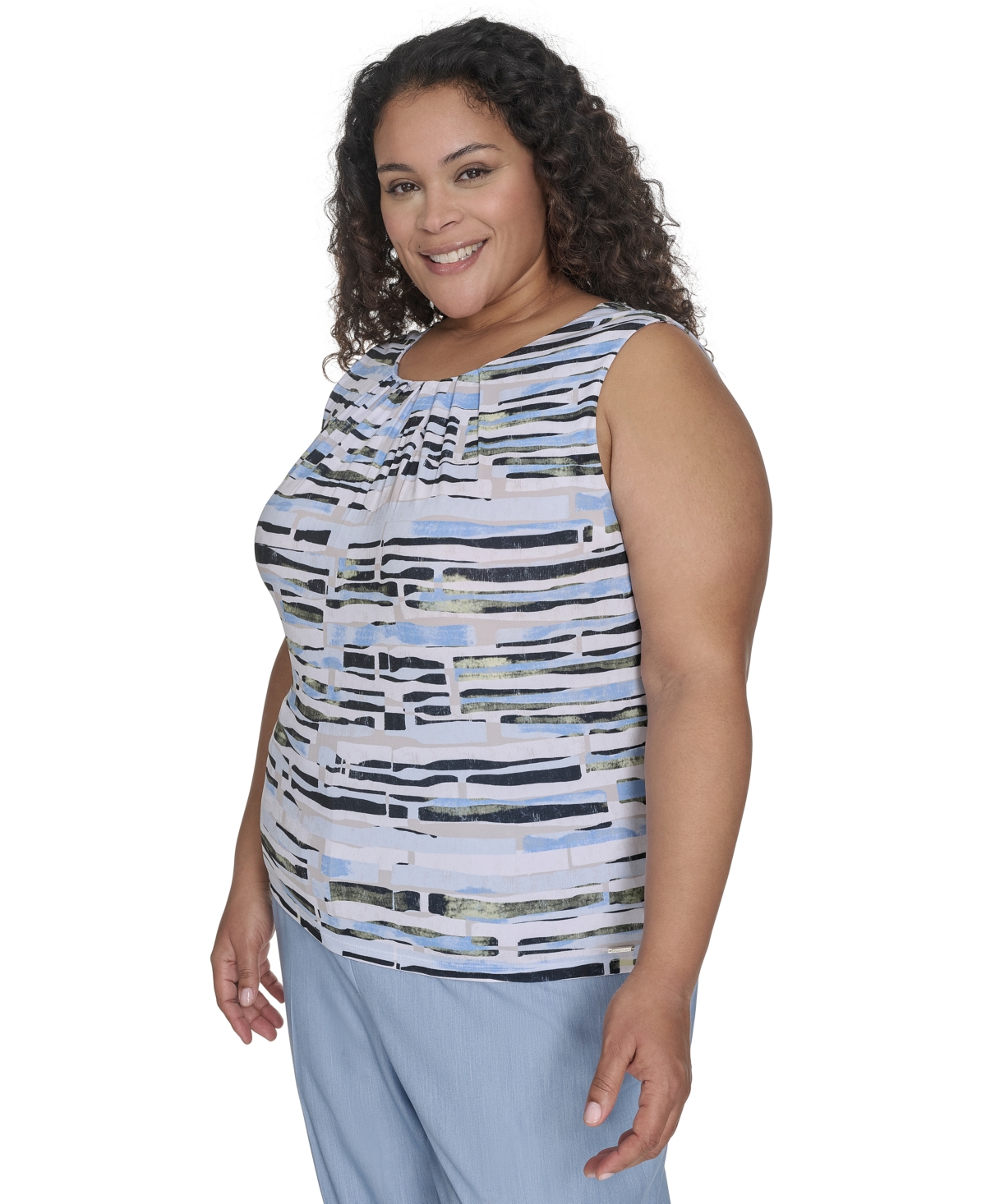 Calvin Klein Plus Size Pleated Print-neck Top