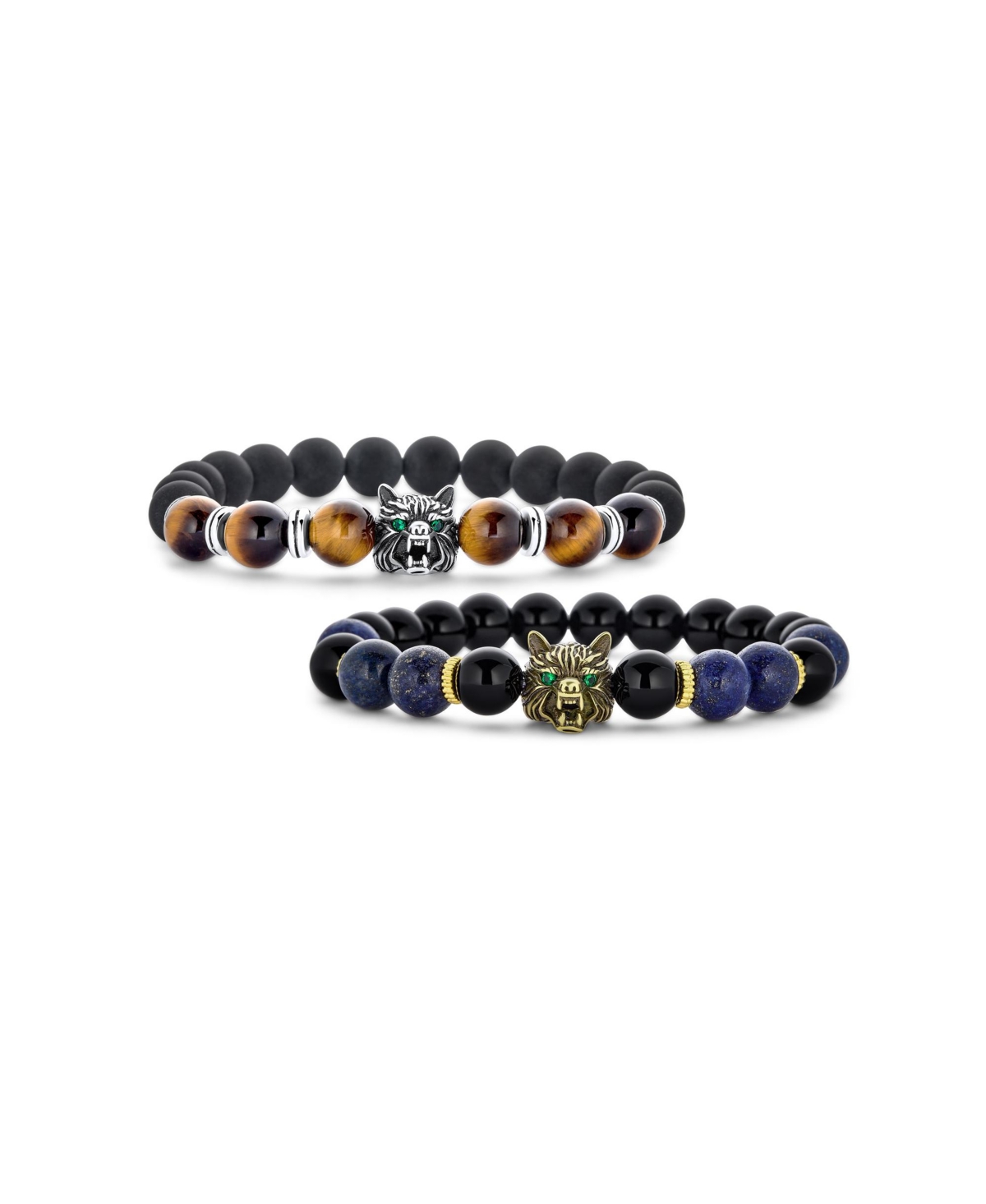 Set of 2 Wolf Face Natural Onyx Lapis and Tiger Eye Bead Stretch Bracelet Gold Plated - Multicolor set
