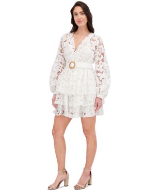 Women's Blouson-Sleeve Tiered Lace A-Line Dress