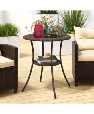 Round Rattan Wicker Coffee Table Glass Top Steel Frame Patio Furni W/Lower Shelf