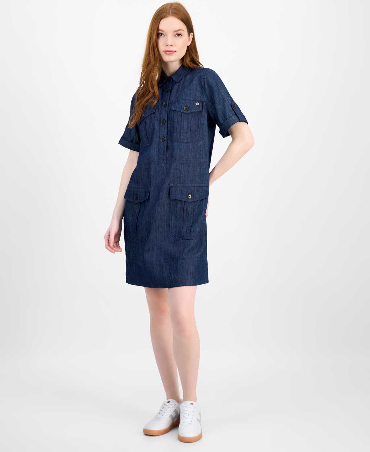 Tommy Hilfiger Women's Chambray Utility Popover Dress In Blue
