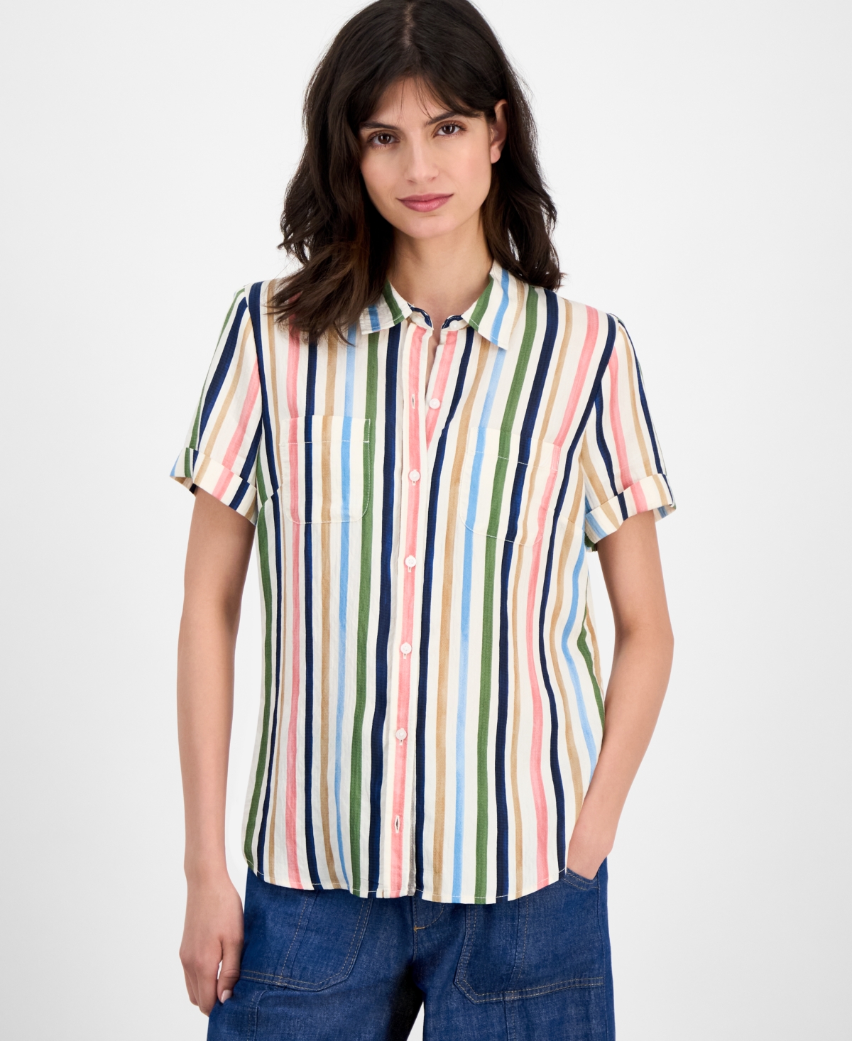 Women's Striped Short-Sleeve Camp Shirt - Forget Me Not Multi