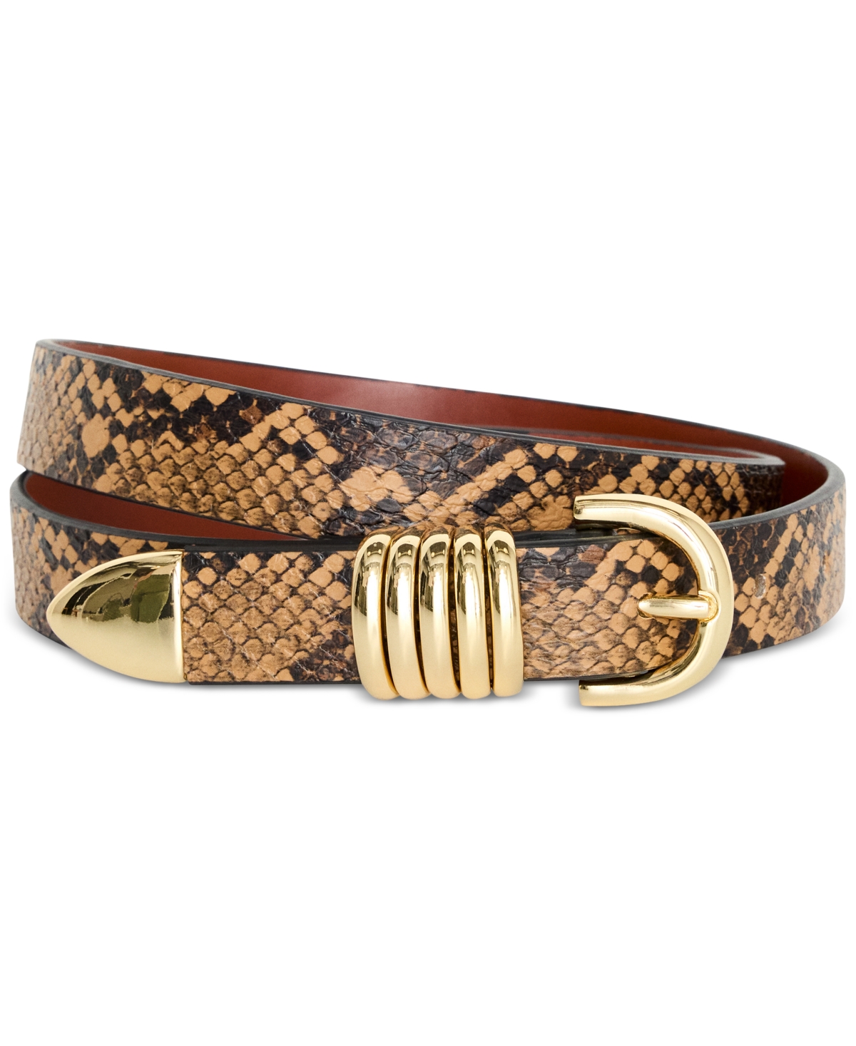 Women's Slim Five-Ring Snake-Print Faux-Leather Belt - Brown Snake Print