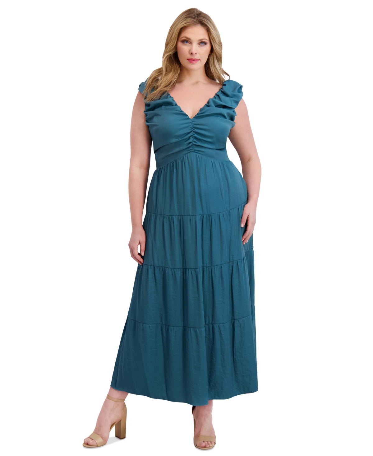 Plus Size V-Neck Sleeveless Tiered Maxi Dress - Teal