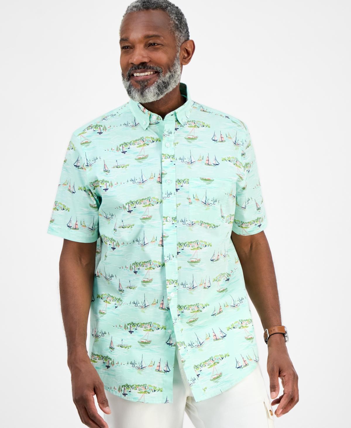 Men's Short Sleeve Sailboat Scene Print Button-Down Shirt, Exclusively at Macy's - Navy