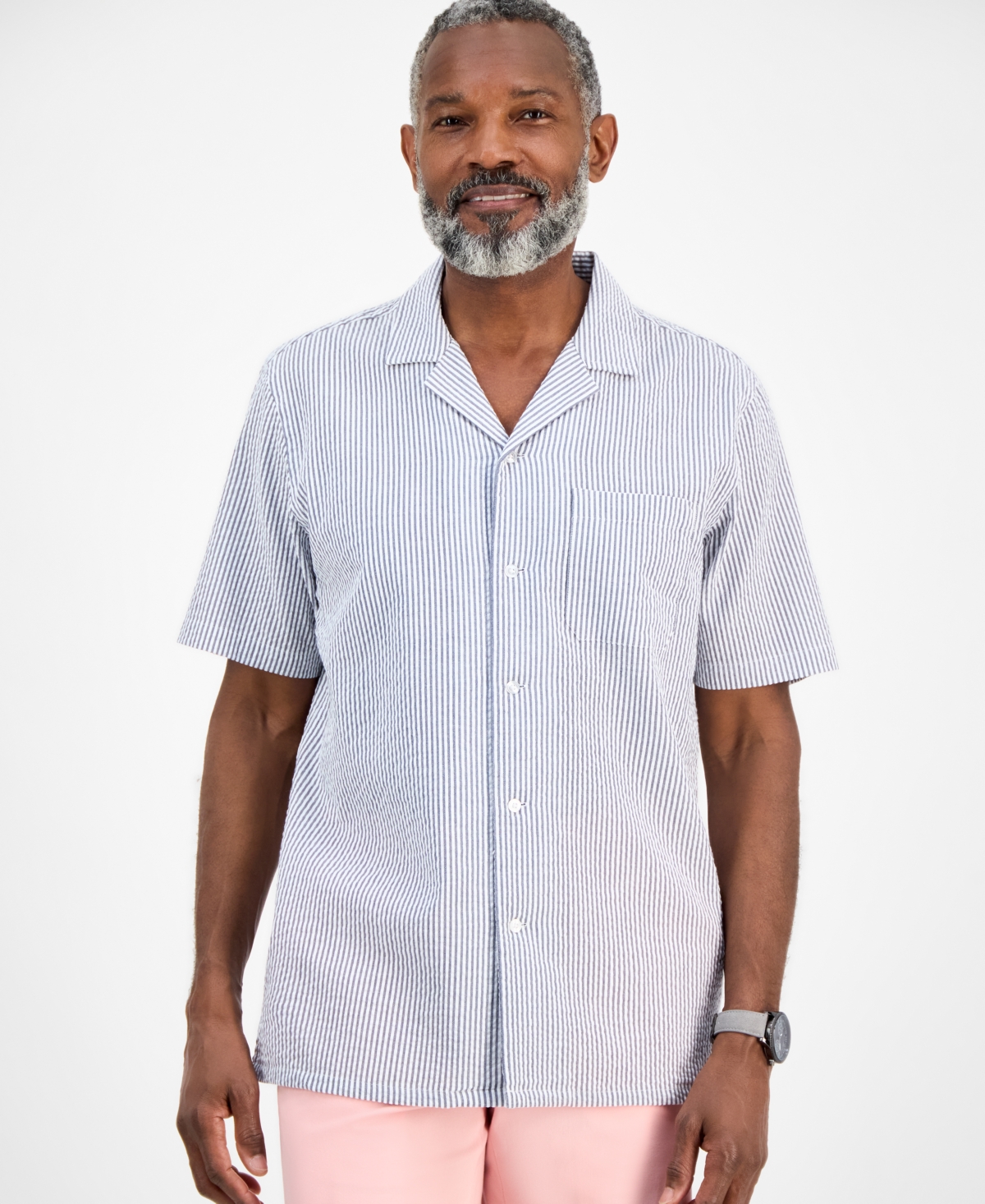 Men's Short Sleeve Striped Seersucker Button-Front Camp Shirt, Exclusively at Macy's - Navy