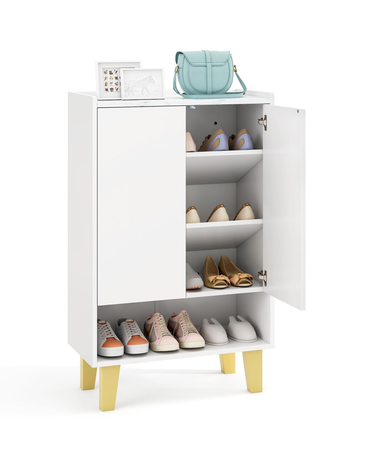 5-Tier Shoe Cabinet with Faux Marble Top &#x2013; Flat Tilting Shelves for Shoes and Accessories Storage - White, Gold