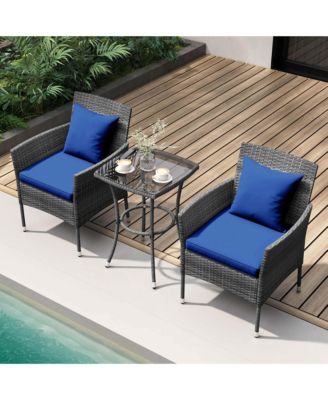 3 PCS Patio Furniture Set witn Cushioned Patio Chairs & Tempered Glass Coffee Table