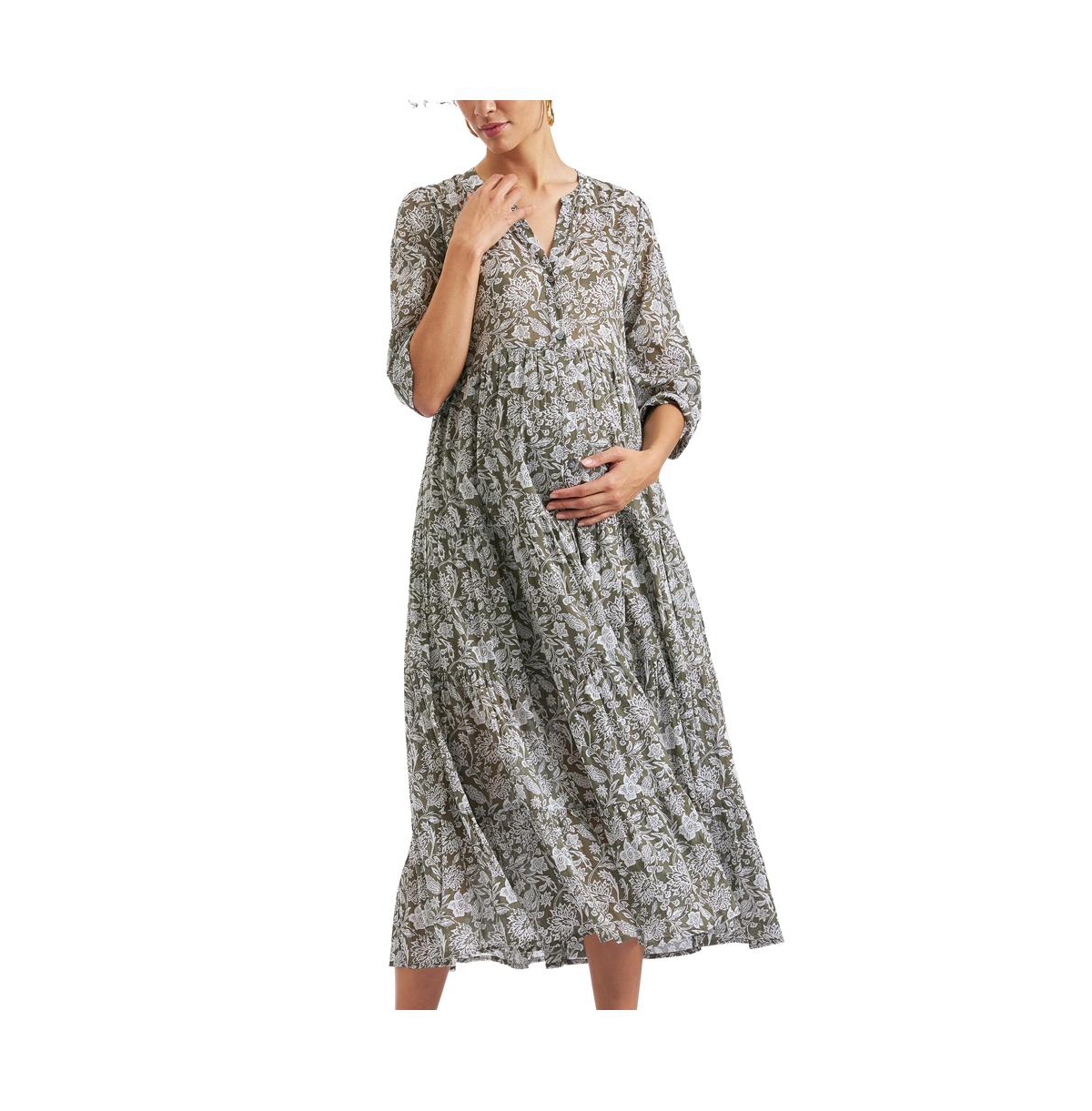 Maternity Ripe Ezra Tiered Dress - Olive / white