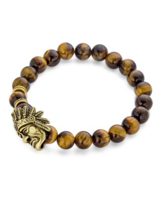 Set of 2 Indian Chief Face Bead Stretch Bracelets with Onyx and Tiger Eye