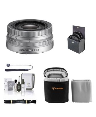 NIKKOR Z DX 16-50mm f/3.5-6.3 VR Lens, Silver, Bundle with Bower 3-Piece 46mm Filter Kit, Lens Cleaner, Cleaning Kit, Universal Lens Cap Tether