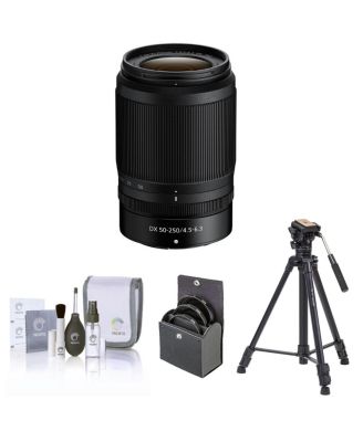 NIKKOR Z DX 50-250mm f/4.5-6.3 VR Lens, Bundle with Takama 3-Section Aluminum Video Tripod and Fluid Head, 62mm Filter Kit, Cleaning Kit