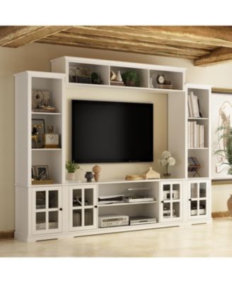 TV stand with top, left and right cabinets, multi-purpose media wooden console, entertainment center with tempered glass