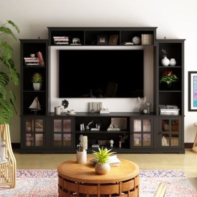 TV stand with top, left and right cabinets, multi-purpose media wooden console, entertainment center with tempered glass