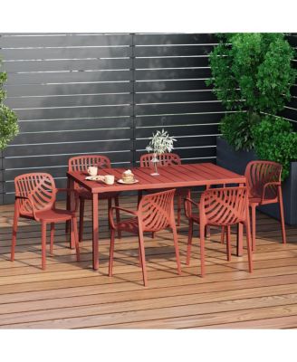 7-Piece Outdoor Metal Rectangle Patio Dining Table Set With Stackable Resin Patio Dining Chairs