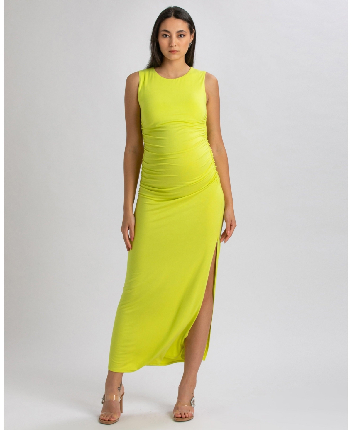 Maternity Sleeveless Side-Ruched Blossom Maxi Split Dress - Lime