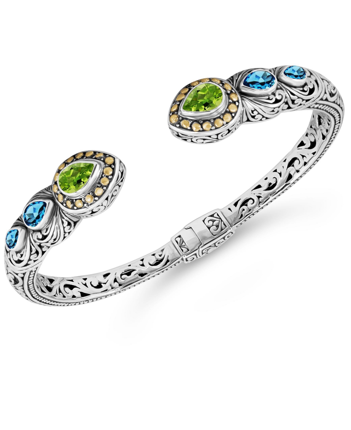 Peridot, Swiss Blue Topaz & Bali Ubud Cuff Bracelet in Sterling Silver and 18K Gold - Silver, gold, green, blue