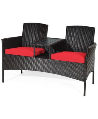 Patio Rattan Loveseat Sofa Cushioned Coffee Table