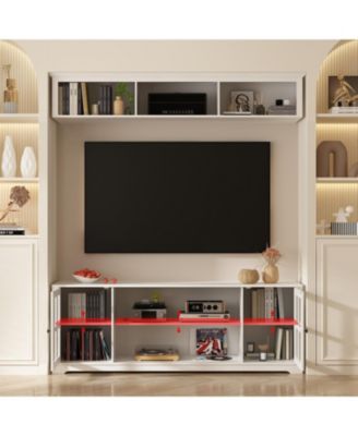 TV stand with top cabinets, entertainment center with tempered glass doors, wooden media console