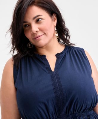 Plus Size V-Neck Sleeveless Lace-Inset Midi Dress